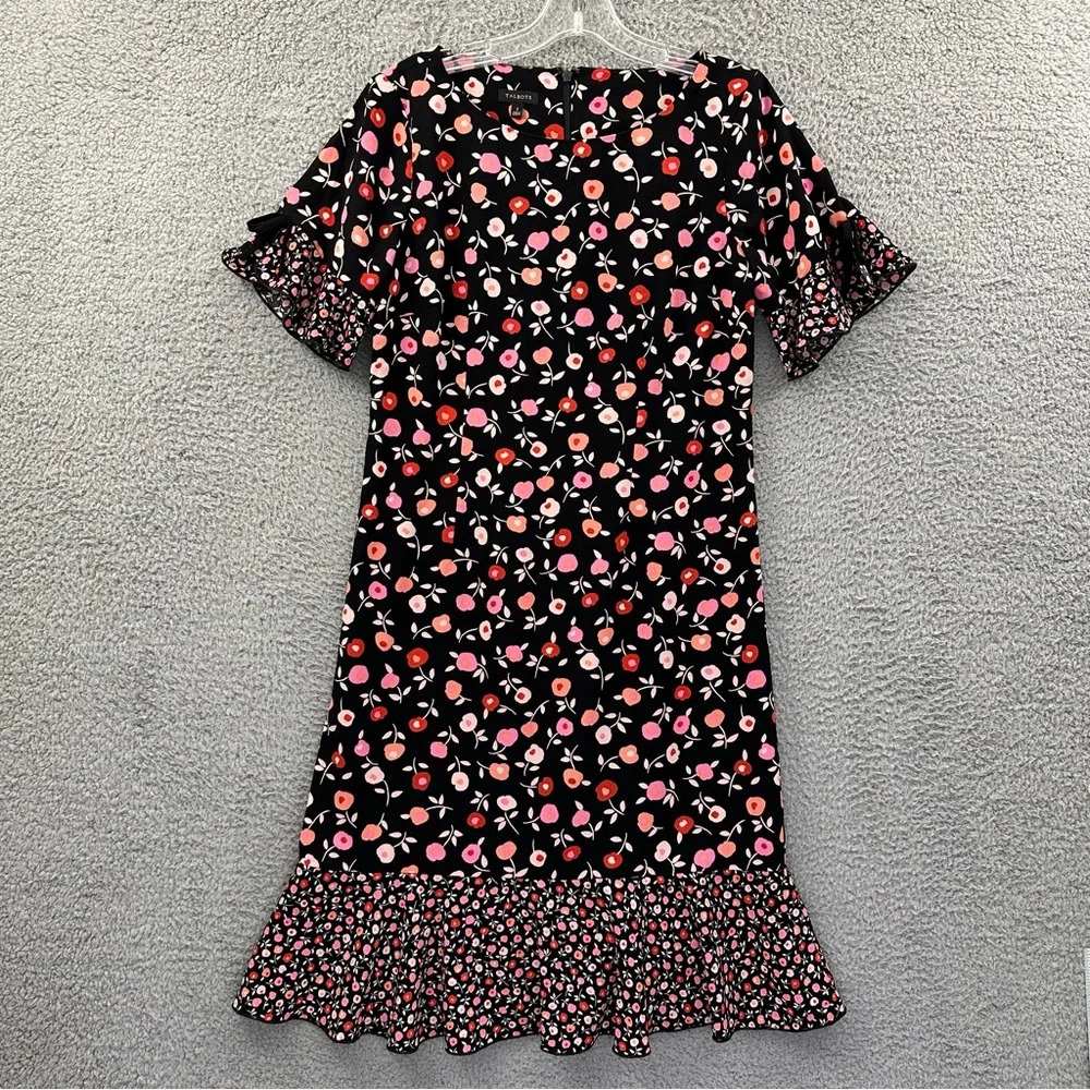 Talbots Short Sleeve‎ Shift Dress Floral Ruffle Black Pink Career Workwear Wmn 2